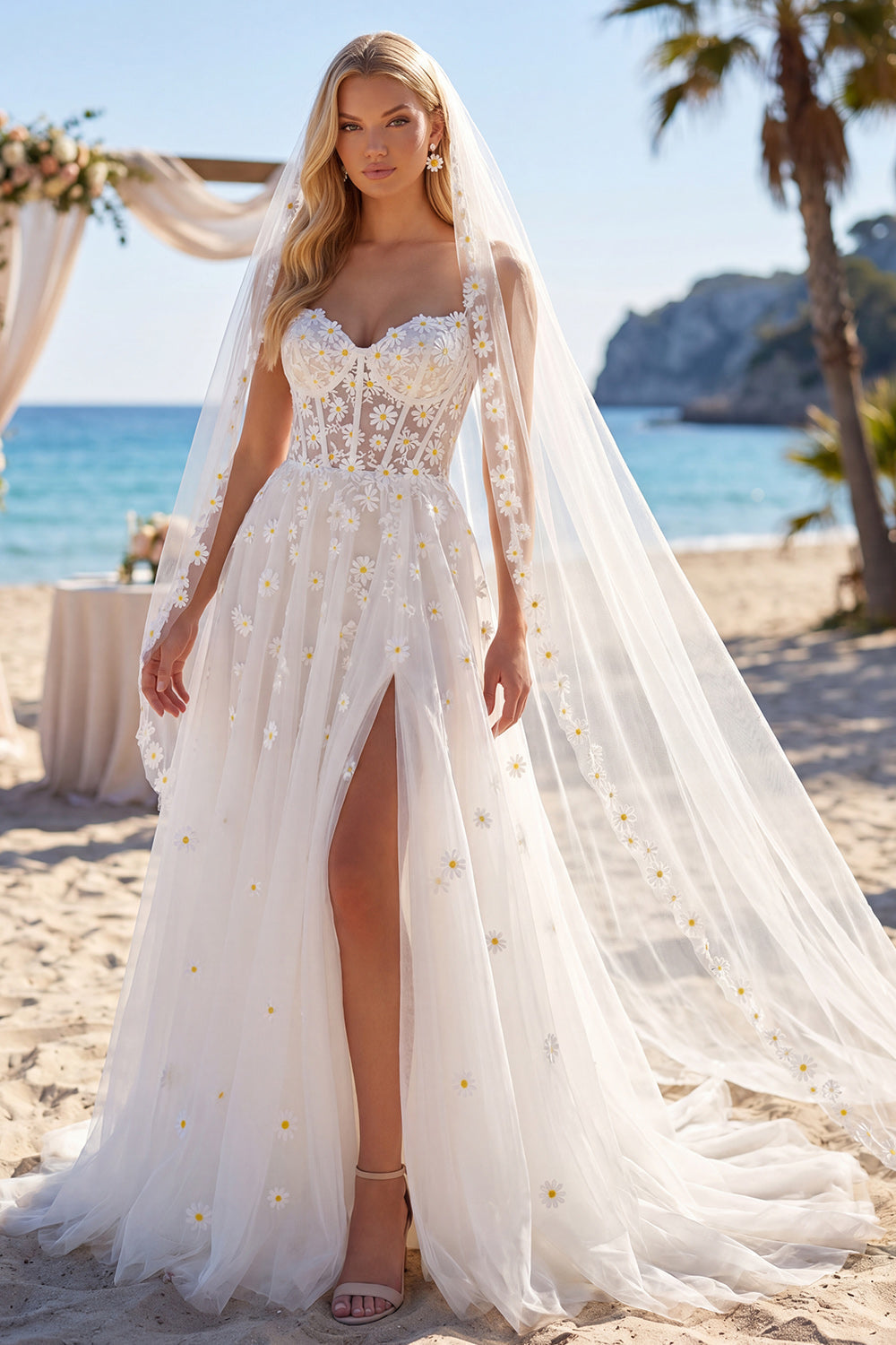 Floral White Corset A Line Sweep Train Sweetheart Beach Wedding Dress with Veils