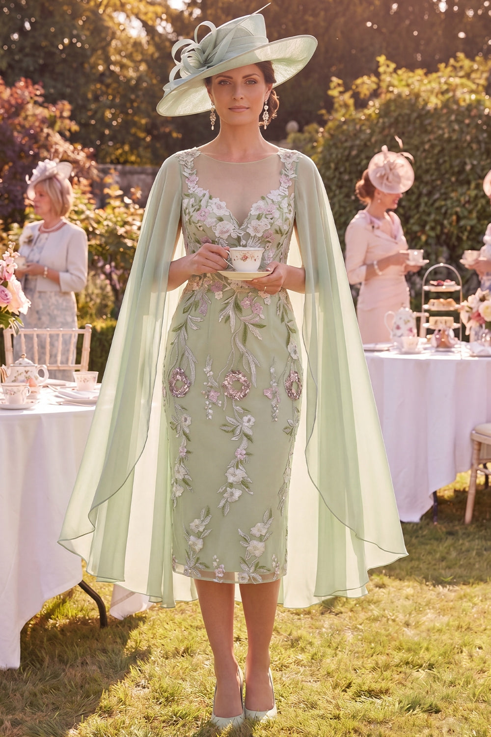 Green Bodycon Appliquéd Floral Midi Mother of the Bride Dress with Cape