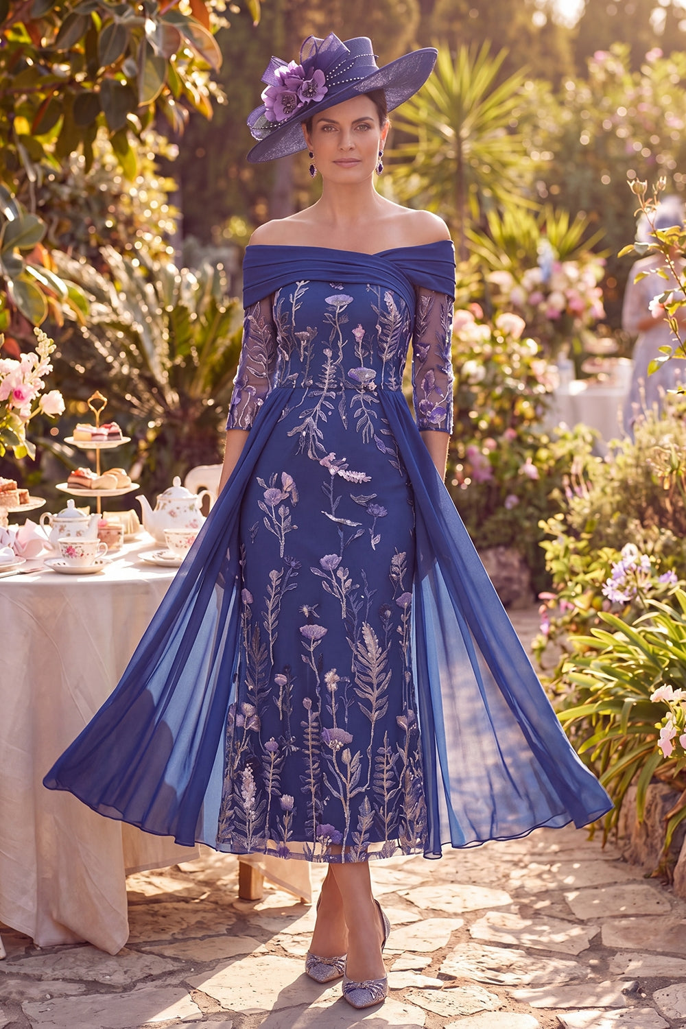 Off the Shoulder Navy Floral A-Line Ruched Midi Mother of the Bride Dress with 3/4 Sleeves
