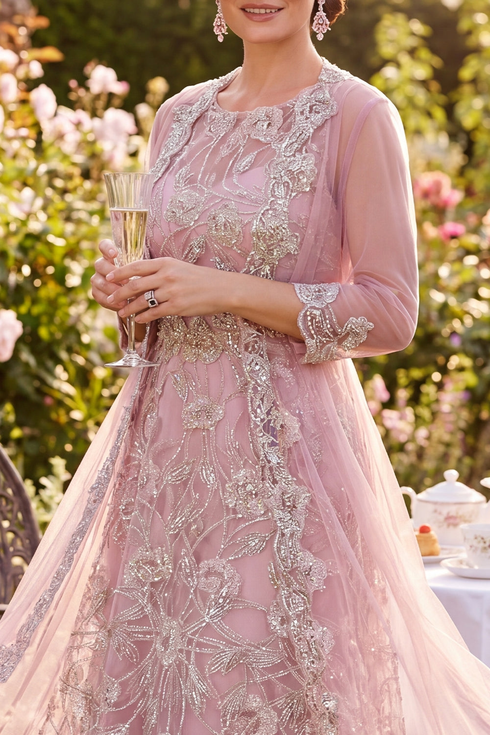 Tulle Blush Floral Round Neck Beaded Midi Mother of the Bride Dress