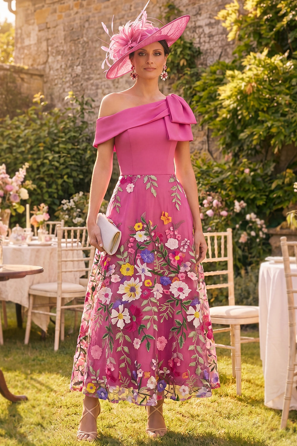 Fuchsia A-Line One-Shoulder Floral Long Mother of the Bride Dress with Bow