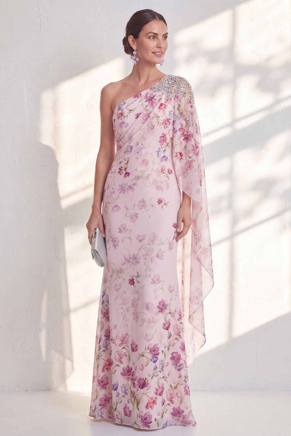 Lilac One Shoulder Chiffon Floral Mermaid Long Mother Of the Bride Dress with Side Cape