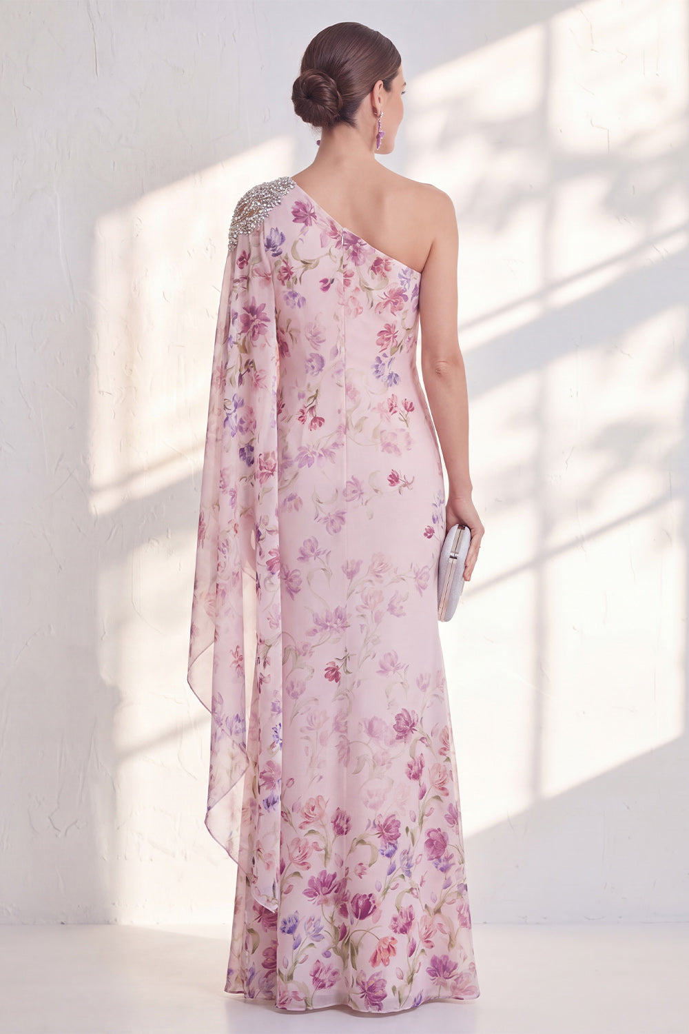 Lilac One Shoulder Chiffon Floral Mermaid Long Mother Of the Bride Dress with Side Cape