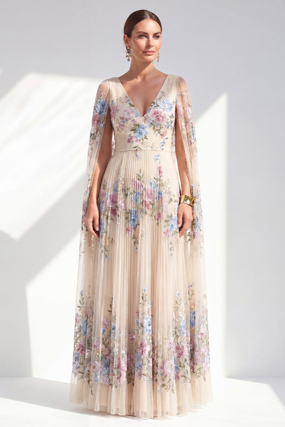 Champagne Floral A-Line Pleated V-Neck Long Mother Of the Bride Dress with Long Sleeves