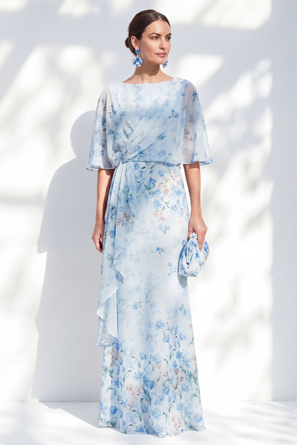 Blue Floral Bateau Neck Chiffon Sheath Long Mother Of the Bride Dress with Half Sleeves