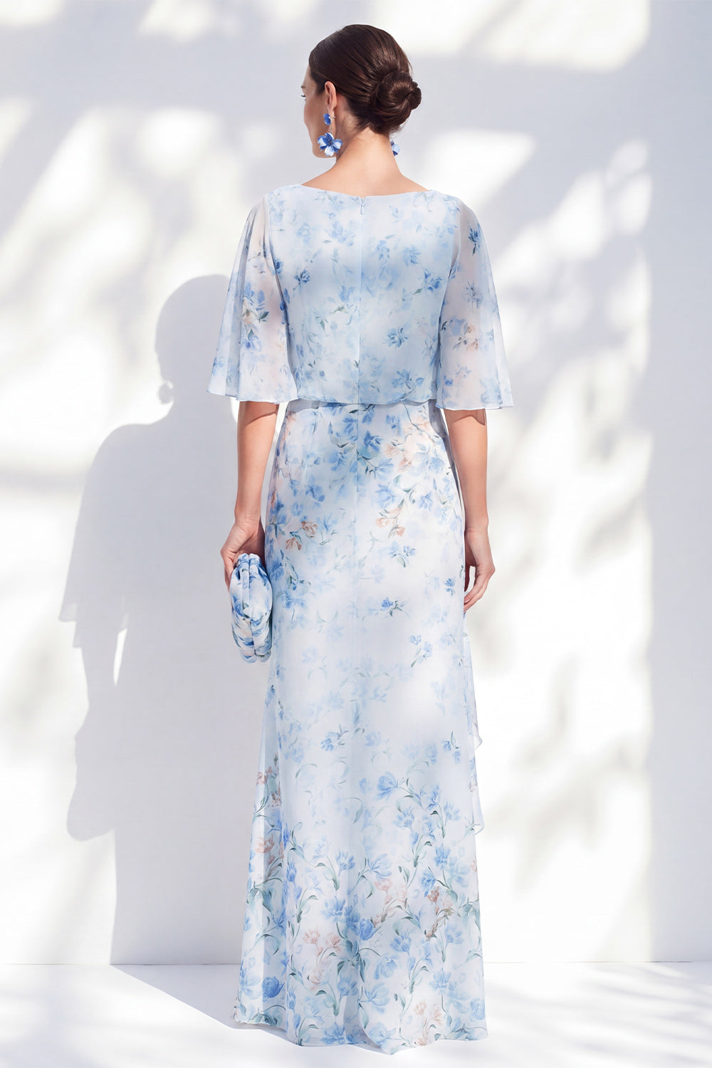 Blue Floral Bateau Neck Chiffon Sheath Long Mother Of the Bride Dress with Half Sleeves