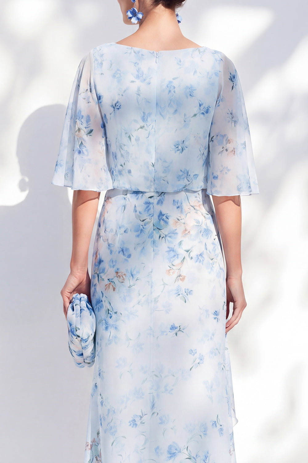Blue Floral Bateau Neck Chiffon Sheath Long Mother Of the Bride Dress with Half Sleeves