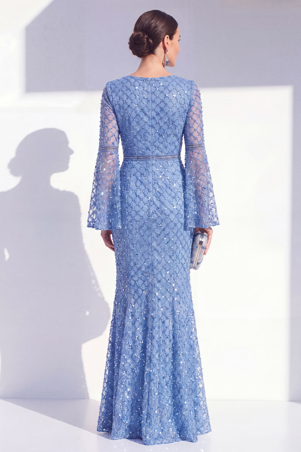 Mermaid Blue Round Neck Beaded Long Mother Of the Bride Dress with Long Sleeves