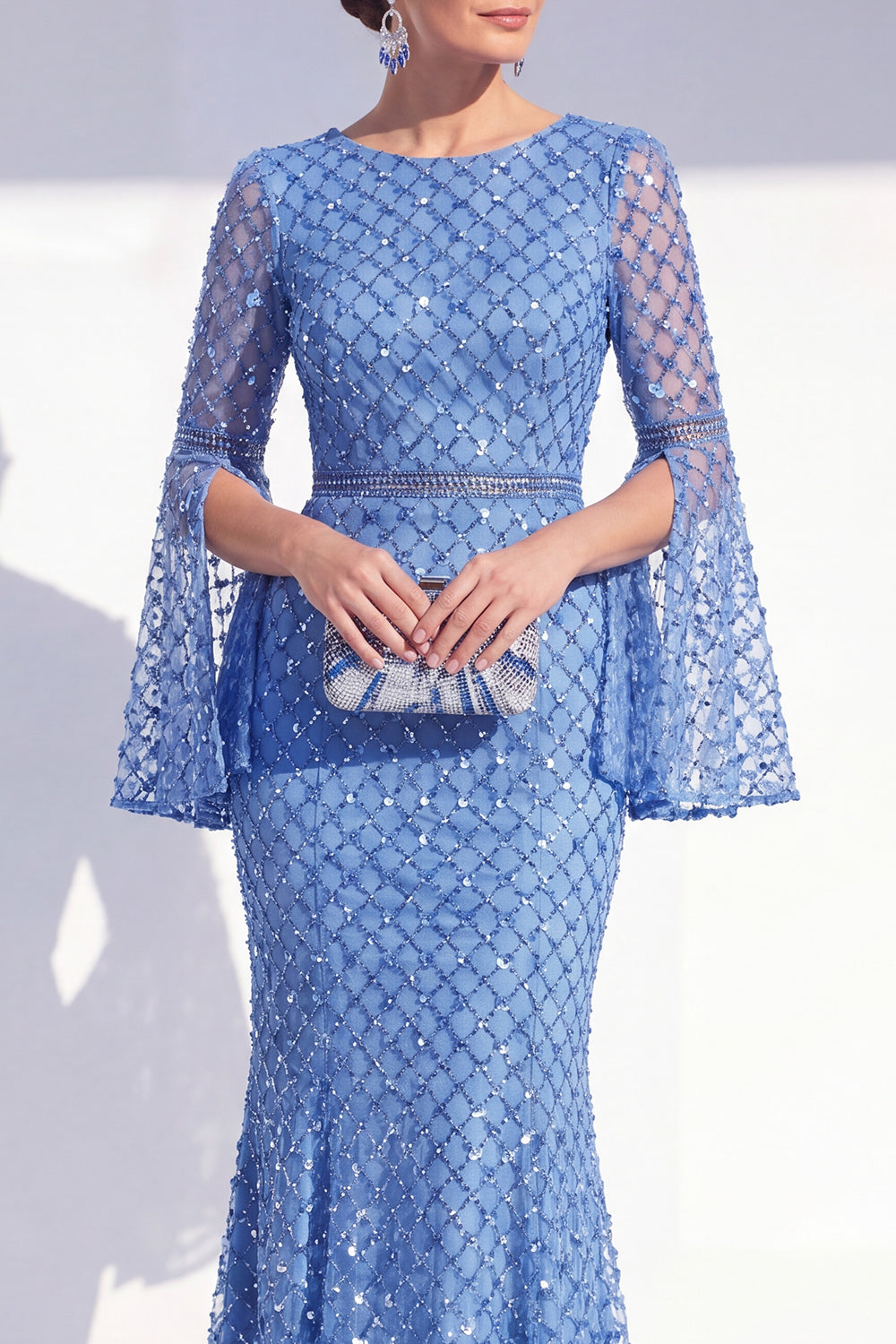 Mermaid Blue Round Neck Beaded Long Mother Of the Bride Dress with Long Sleeves