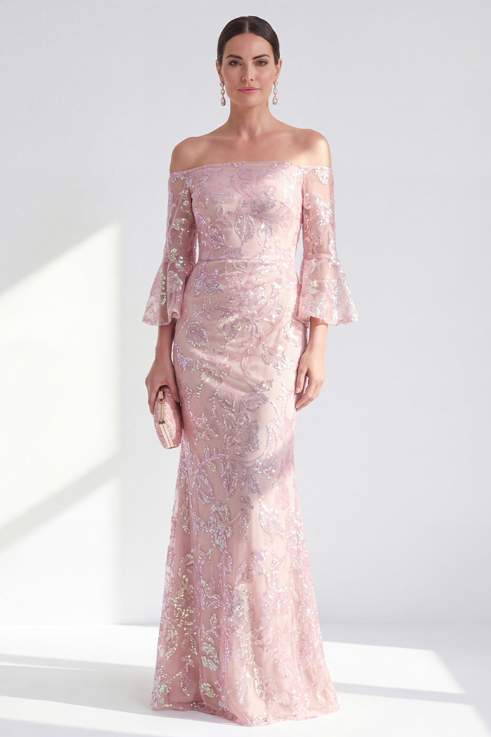 Sparkly Mermaid Off-the-Shoulder Sequin Long Mother of the Bride Dress