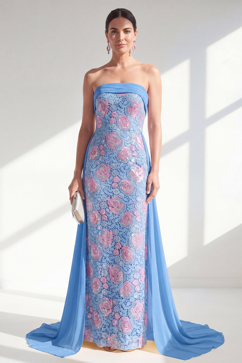 Sparkly Mermaid Blue Strapless Sequins Long Mother Of the Bride Dress with Cape