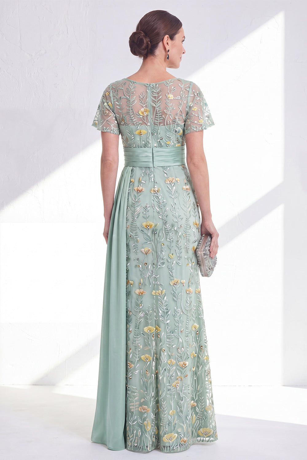 Green Mermaid Round Neck Floral Long Mother Of the Bride Dress with Sash