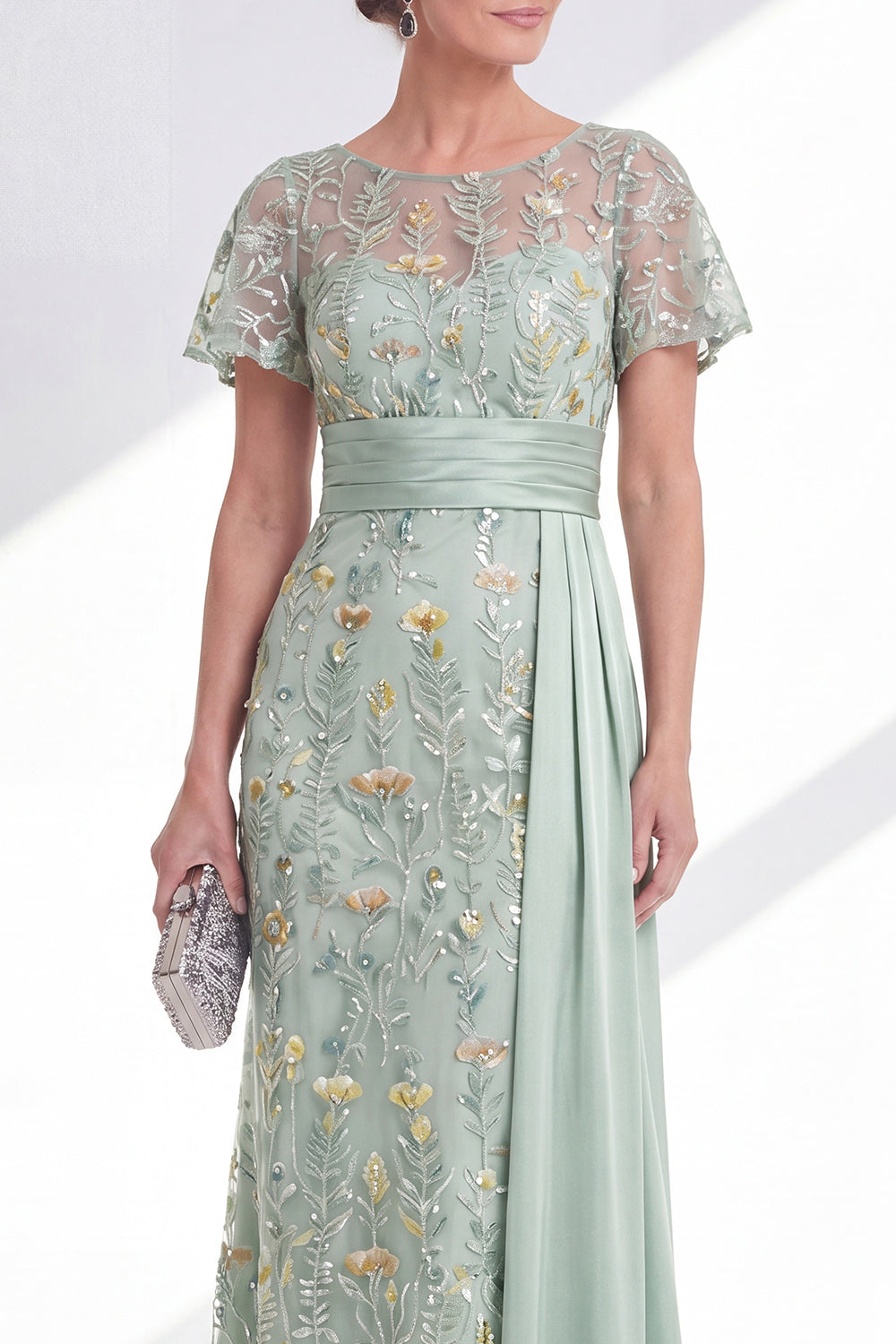 Green Mermaid Round Neck Floral Long Mother Of the Bride Dress with Sash