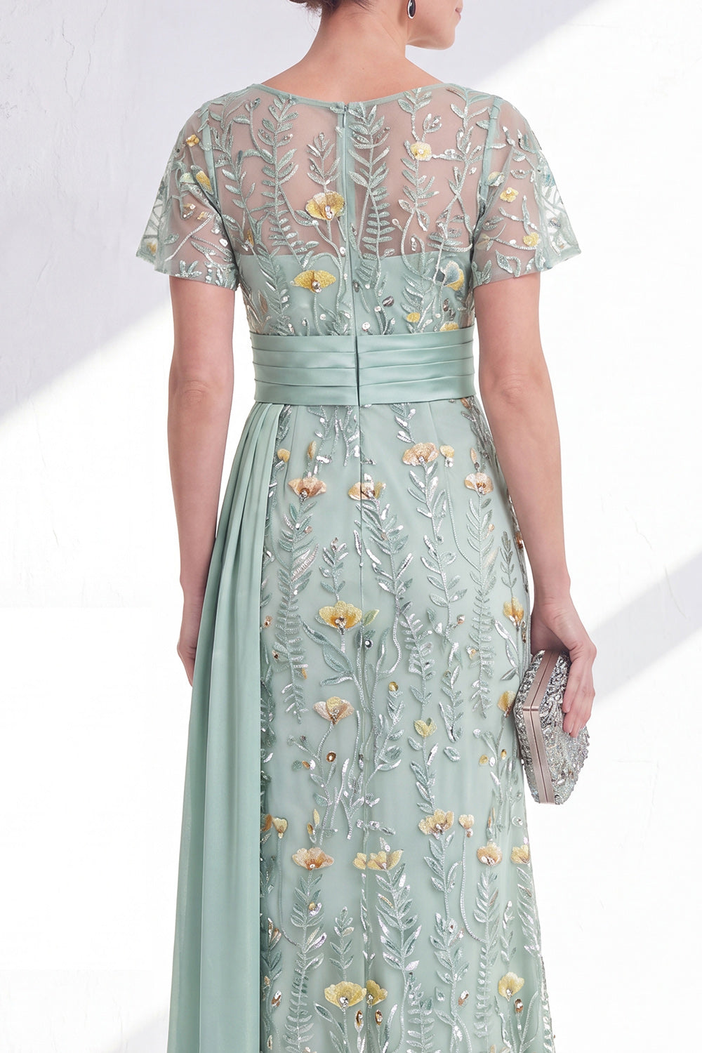 Green Mermaid Round Neck Floral Long Mother Of the Bride Dress with Sash