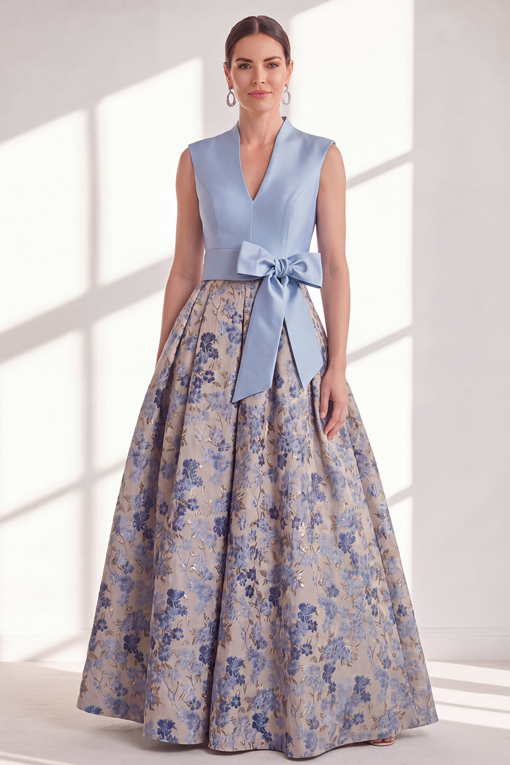 Blue A-Line V-Neck Floral Long Mother of the Bride Dress with Bow