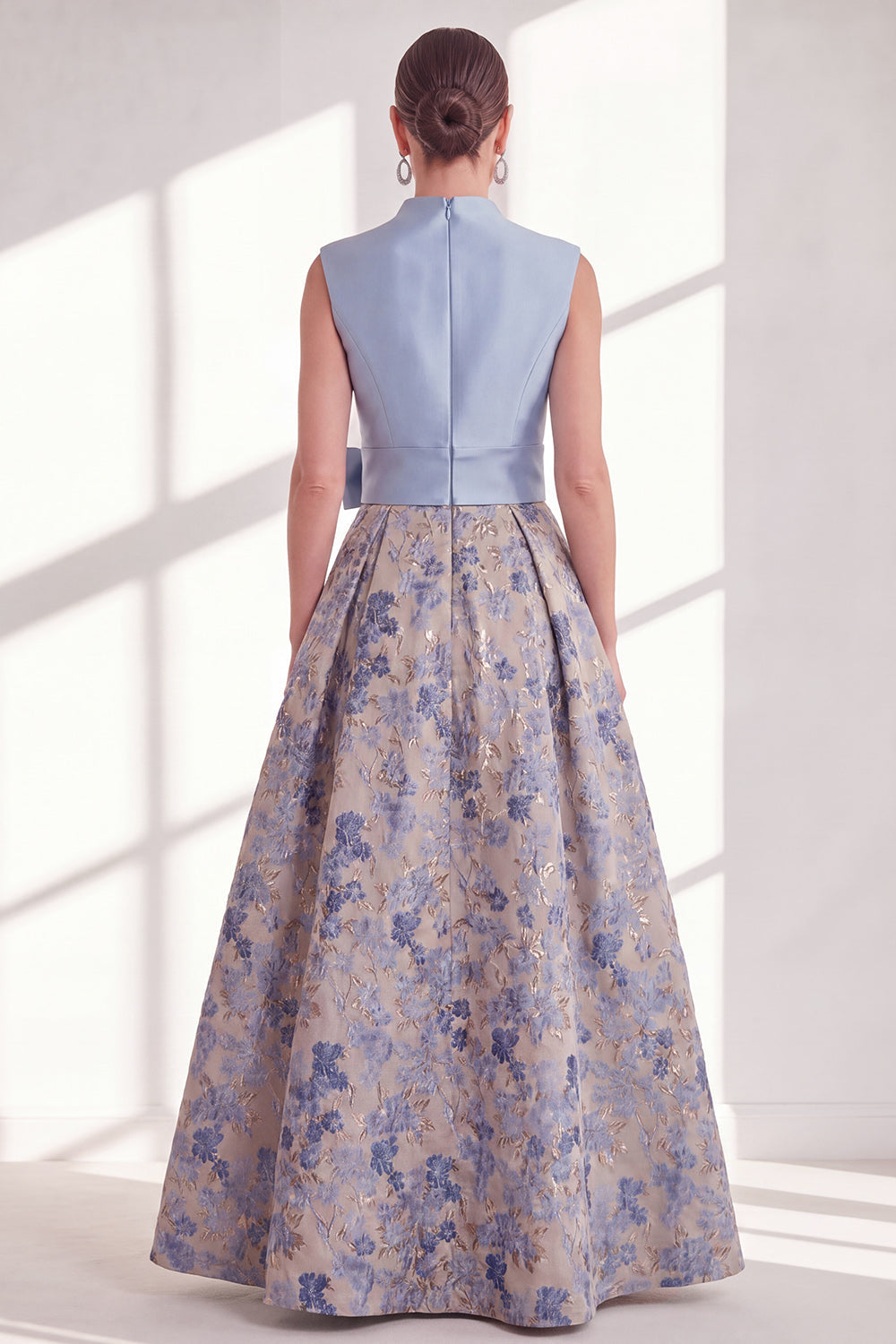 Blue A-Line V-Neck Floral Long Mother of the Bride Dress with Bow