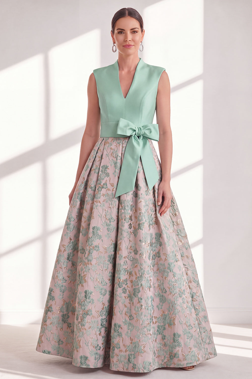 Blue A-Line V-Neck Floral Long Mother of the Bride Dress with Bow