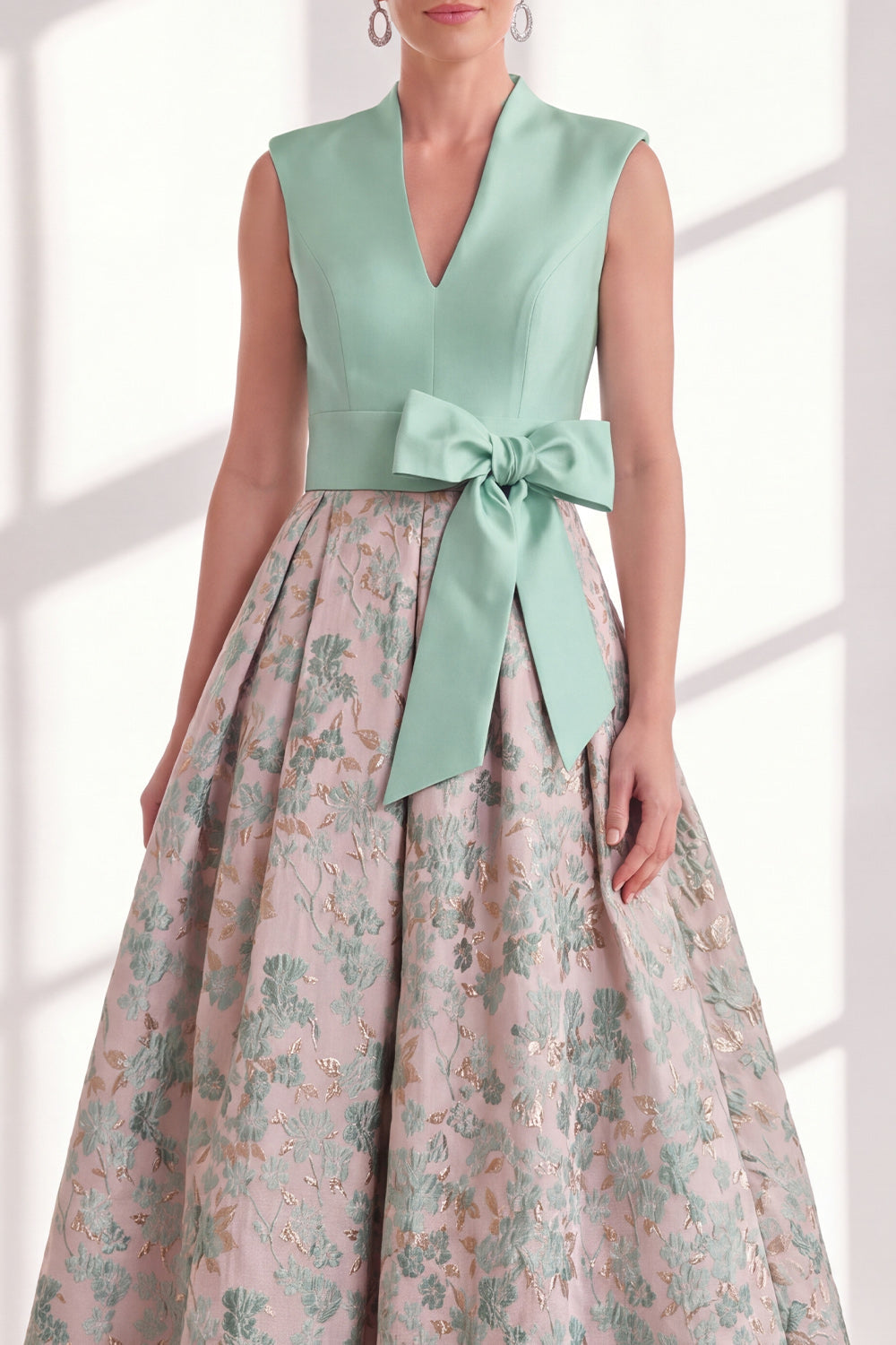 Blue A-Line V-Neck Floral Long Mother of the Bride Dress with Bow
