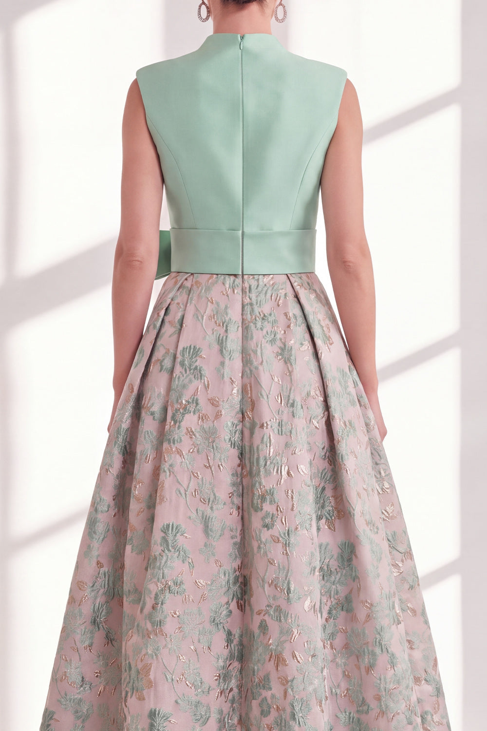 Blue A-Line V-Neck Floral Long Mother of the Bride Dress with Bow