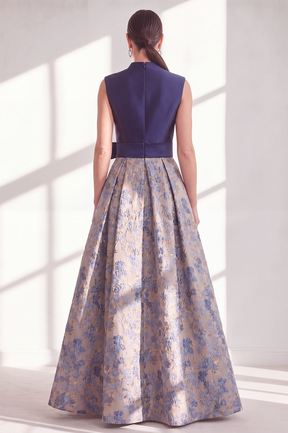 Blue A-Line V-Neck Floral Long Mother of the Bride Dress with Bow