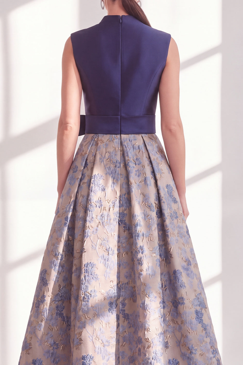 Blue A-Line V-Neck Floral Long Mother of the Bride Dress with Bow