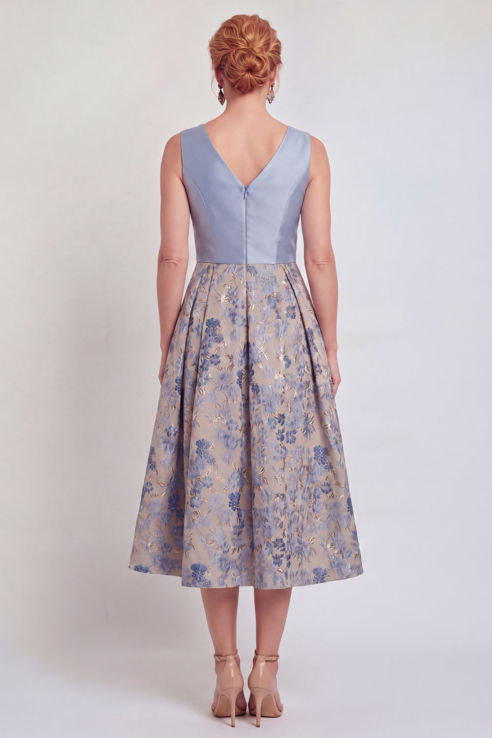 A-Line Navy V-Neck Floral Midi Mother of the Bride Dress