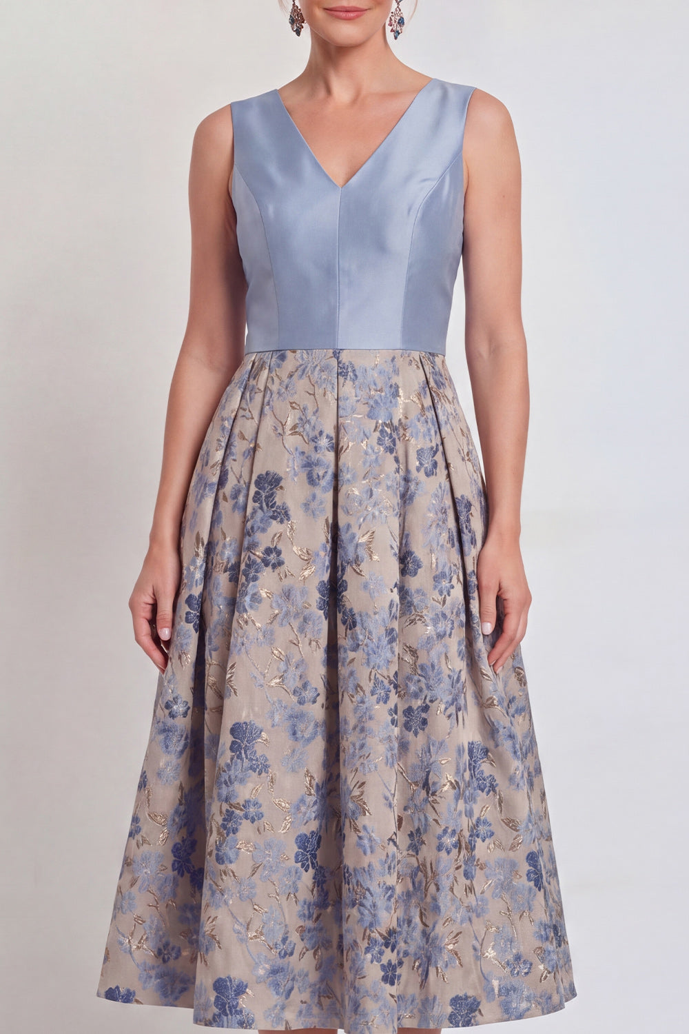 A-Line Navy V-Neck Floral Midi Mother of the Bride Dress