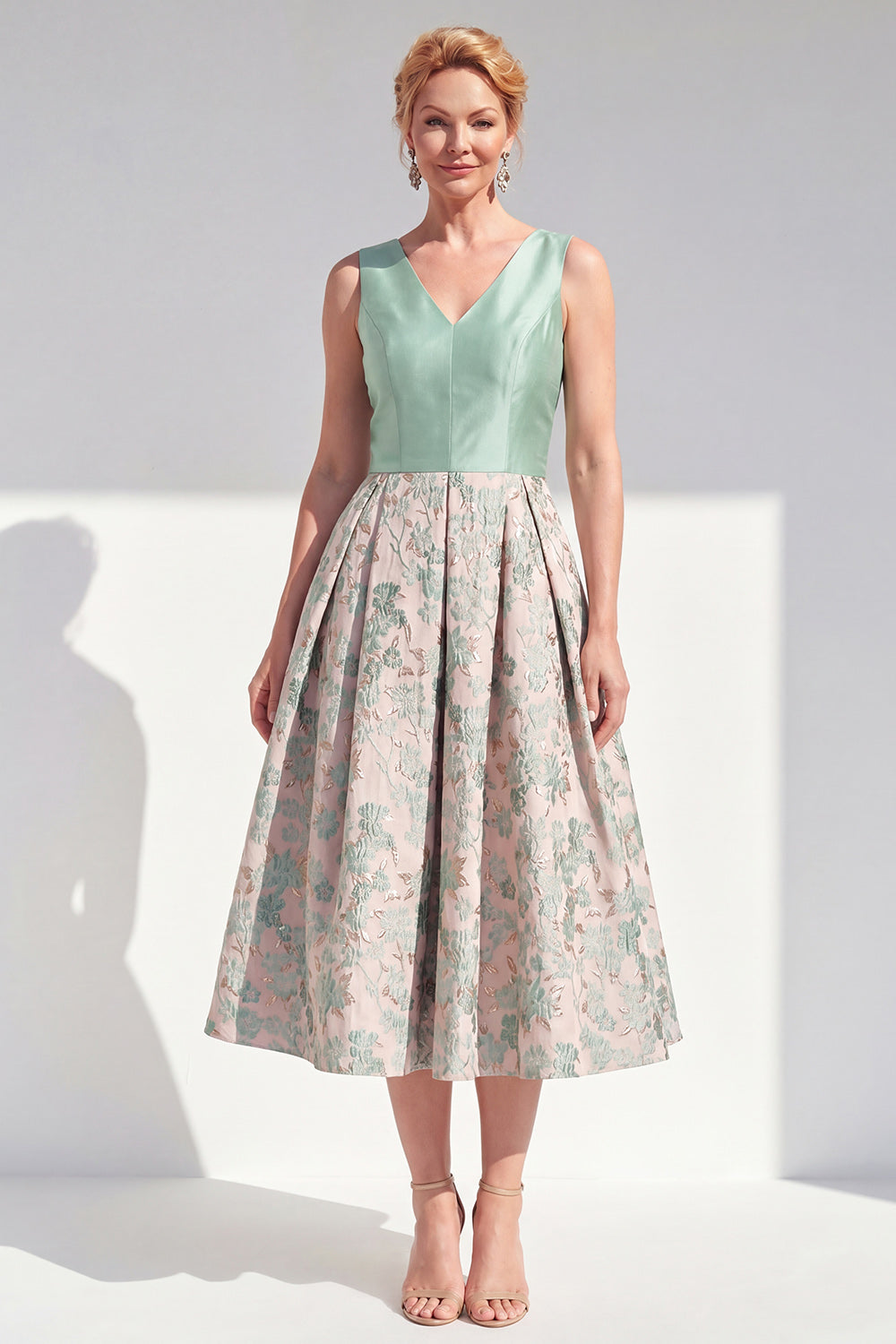 A-Line Navy V-Neck Floral Midi Mother of the Bride Dress