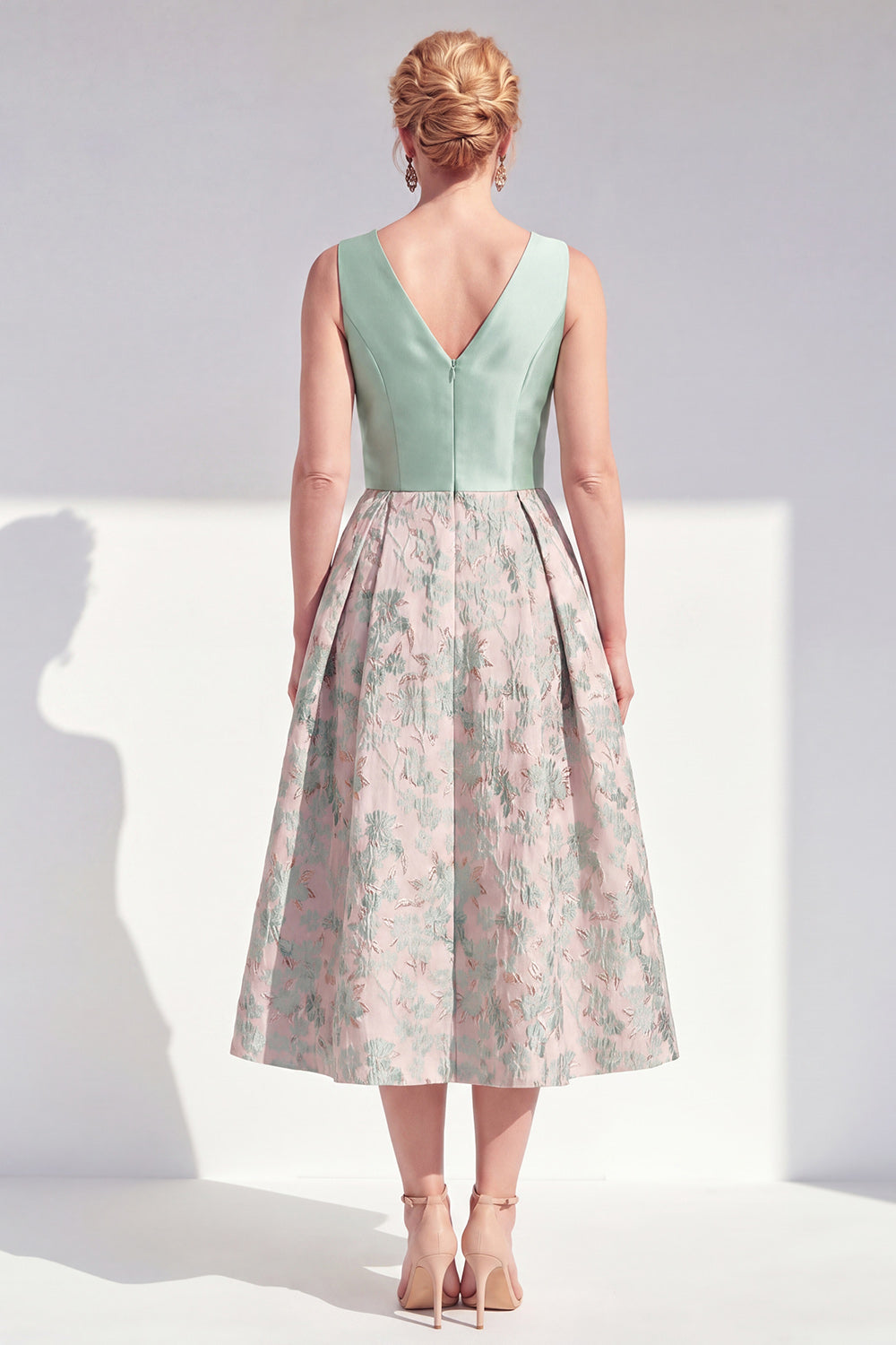A-Line Navy V-Neck Floral Midi Mother of the Bride Dress