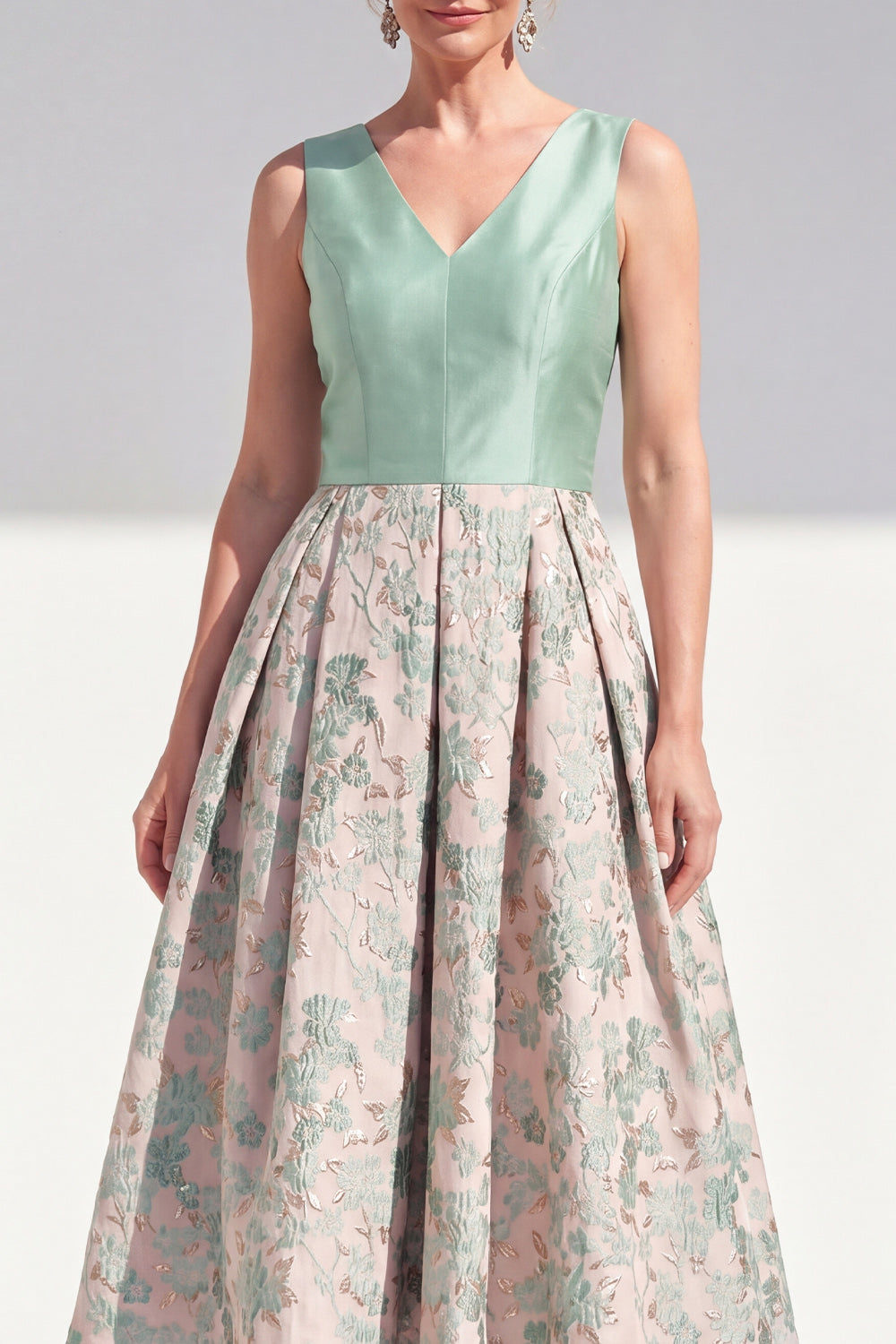 A-Line Navy V-Neck Floral Midi Mother of the Bride Dress