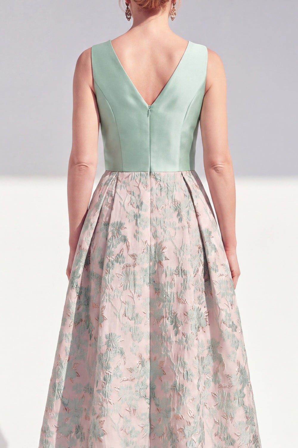 A-Line Navy V-Neck Floral Midi Mother of the Bride Dress