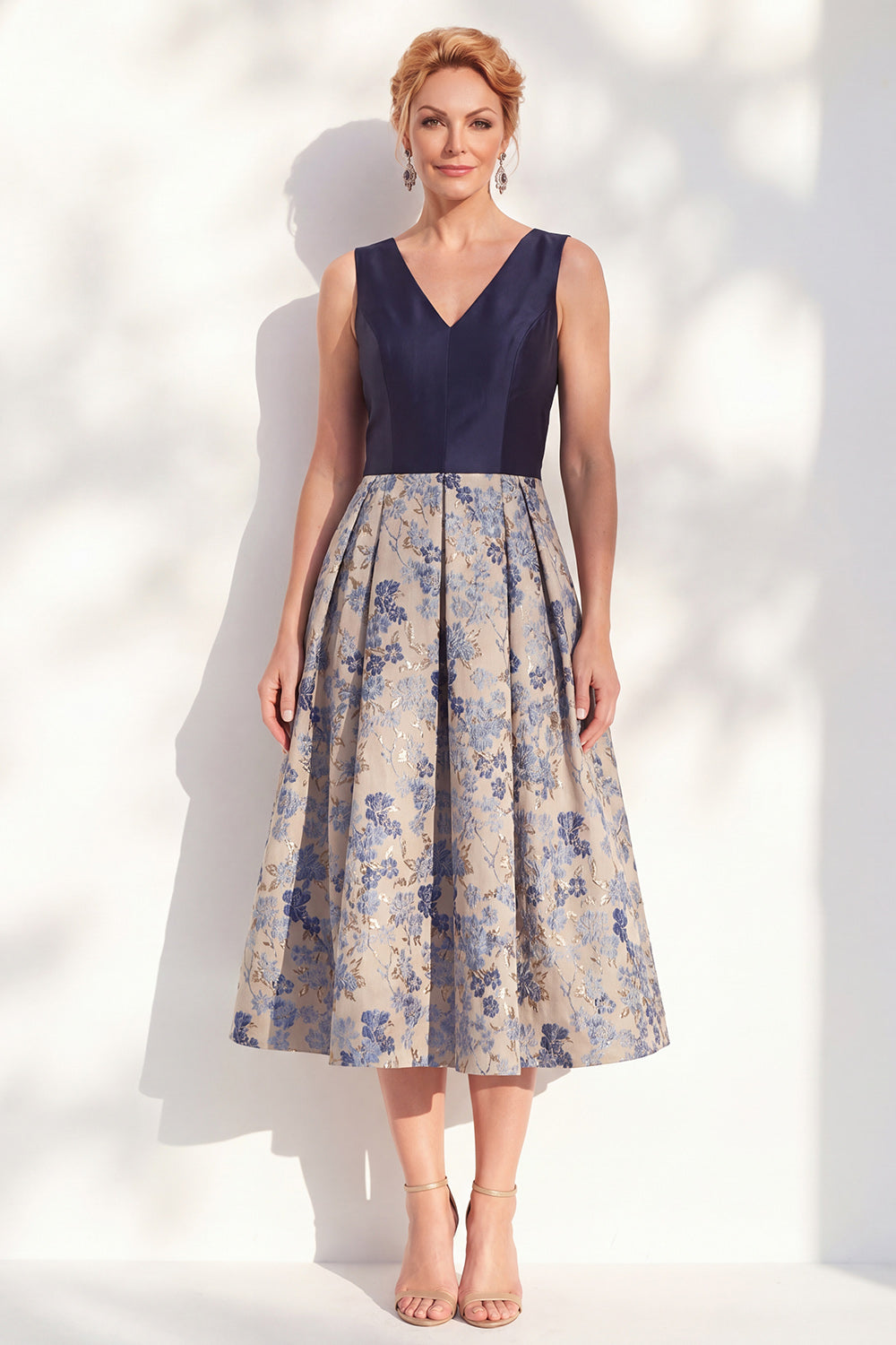 A-Line Navy V-Neck Floral Midi Mother of the Bride Dress