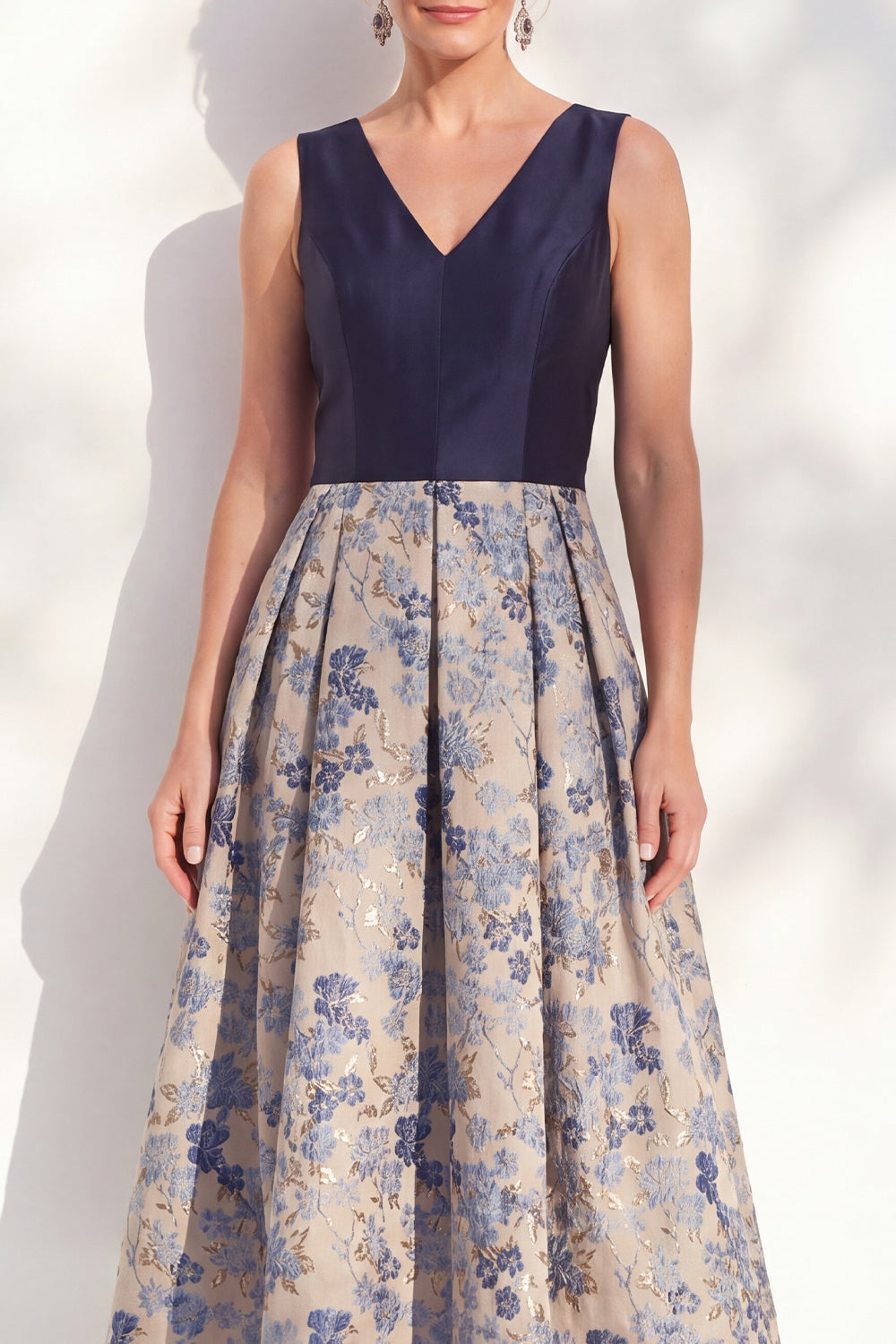 A-Line Navy V-Neck Floral Midi Mother of the Bride Dress