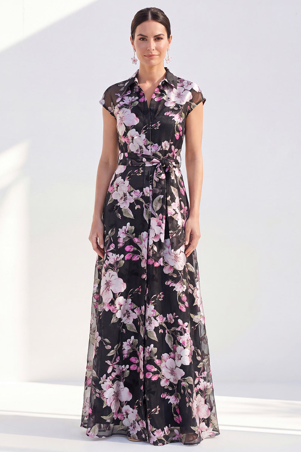 White A-Line Floral Long Mother of the Bride Dress with Belt