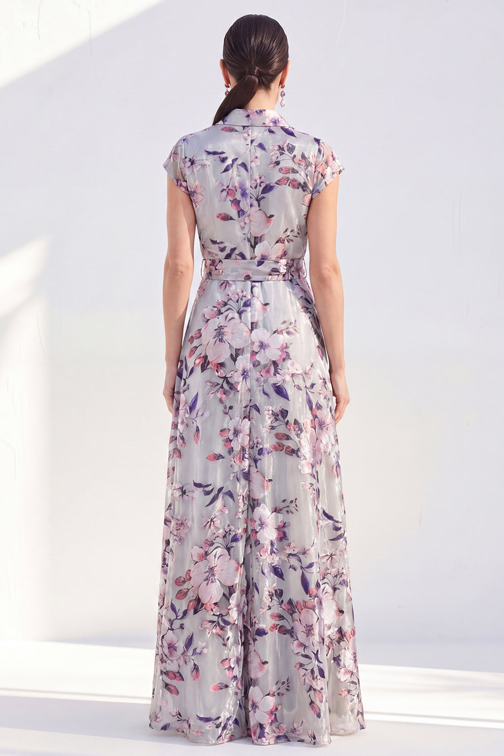 White A-Line Floral Long Mother of the Bride Dress with Belt
