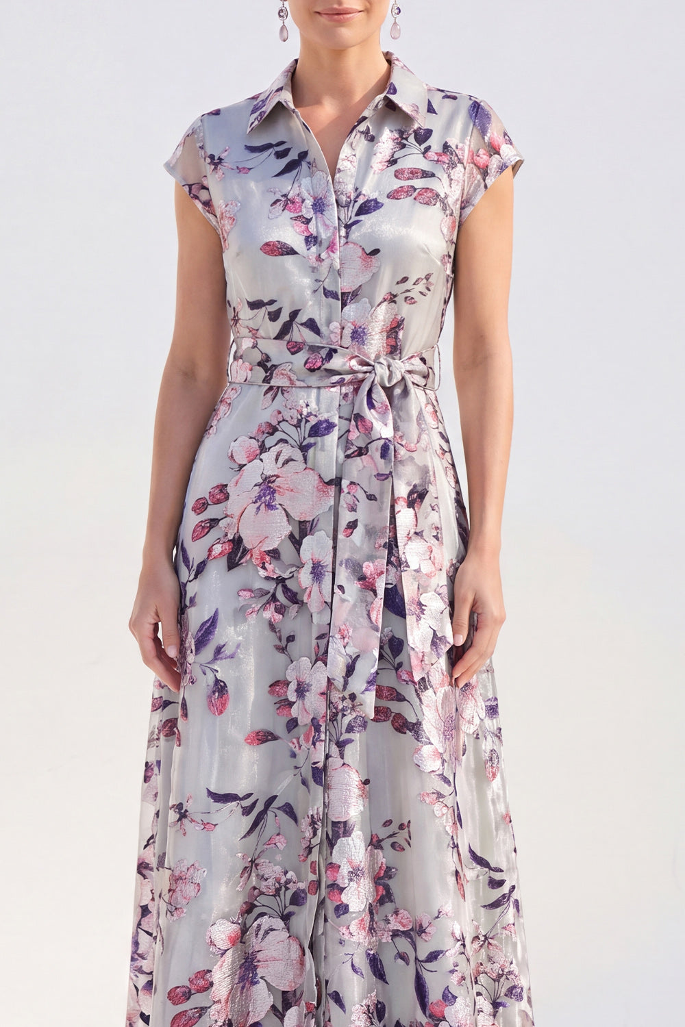 White A-Line Floral Long Mother of the Bride Dress with Belt
