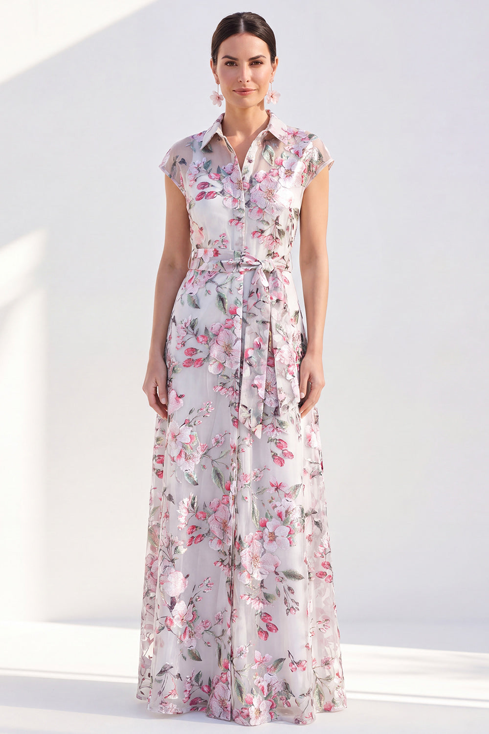 White A-Line Floral Long Mother of the Bride Dress with Belt
