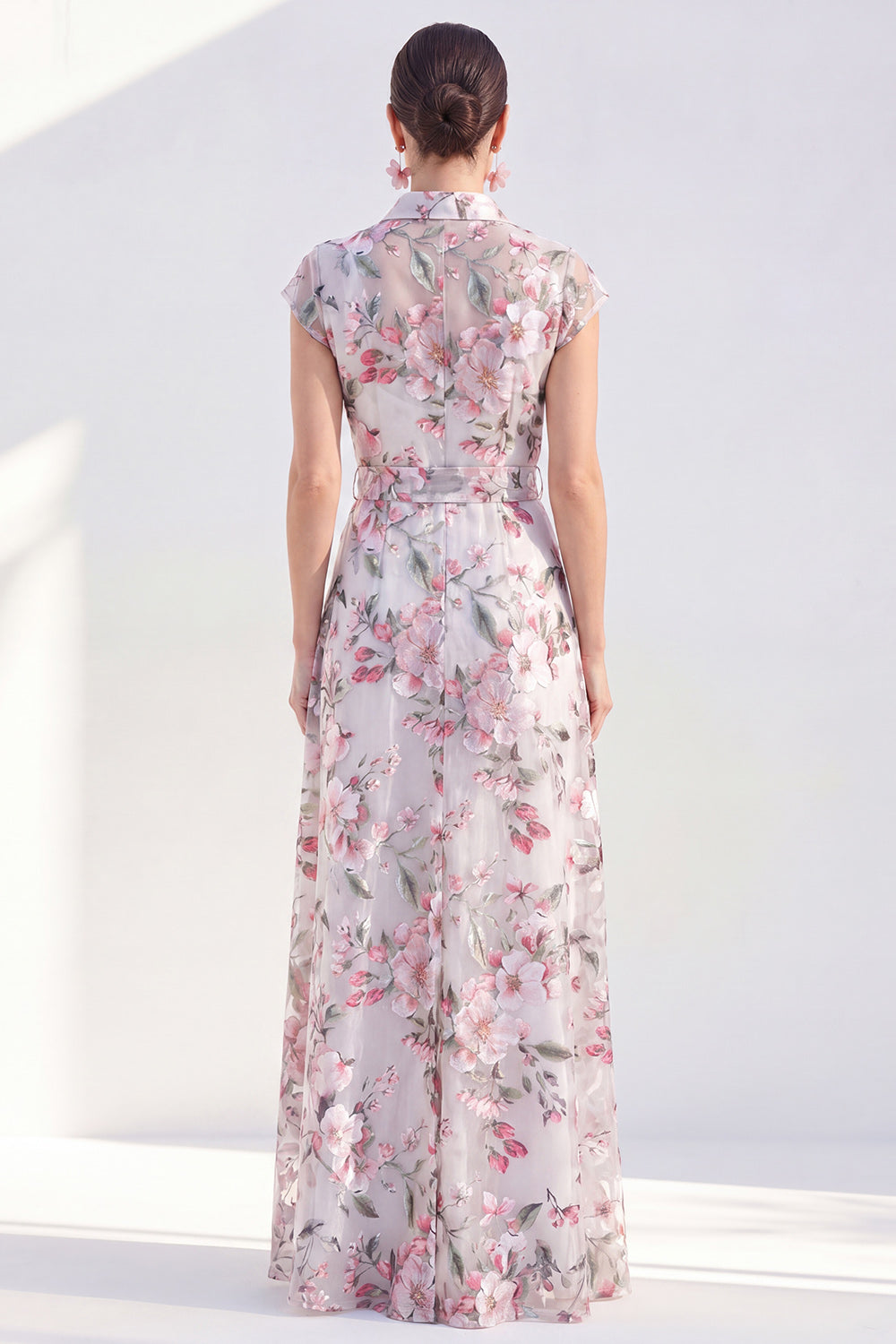 White A-Line Floral Long Mother of the Bride Dress with Belt