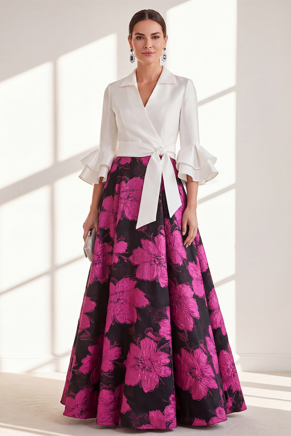 A-Line Fuchsia Flower V-Neck Ruffled Long Mother Of the Bride Dress