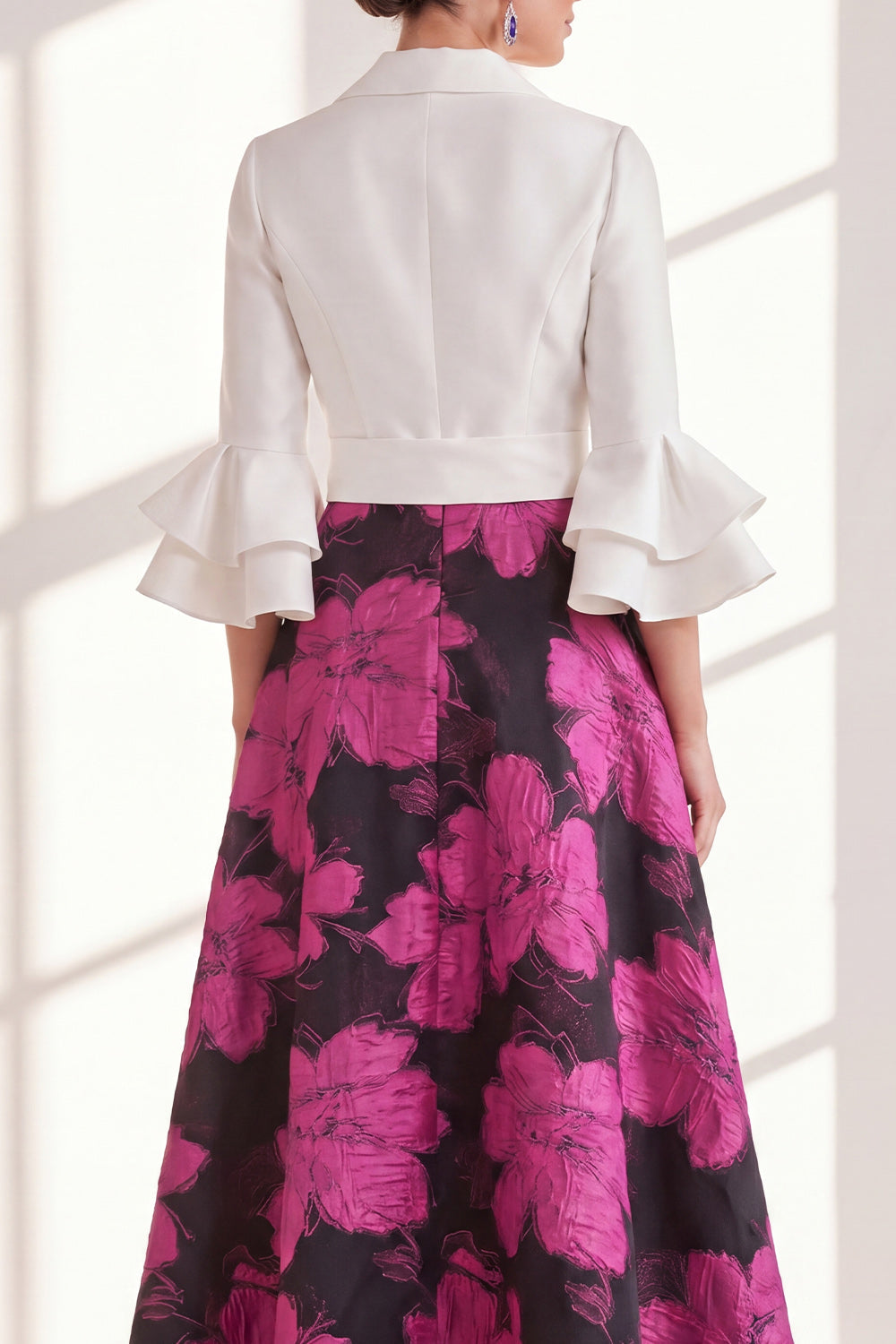 A-Line Fuchsia Flower V-Neck Ruffled Long Mother Of the Bride Dress