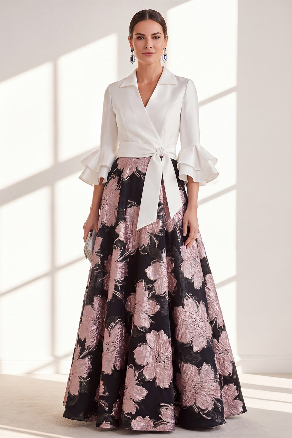 A-Line Fuchsia Flower V-Neck Ruffled Long Mother Of the Bride Dress