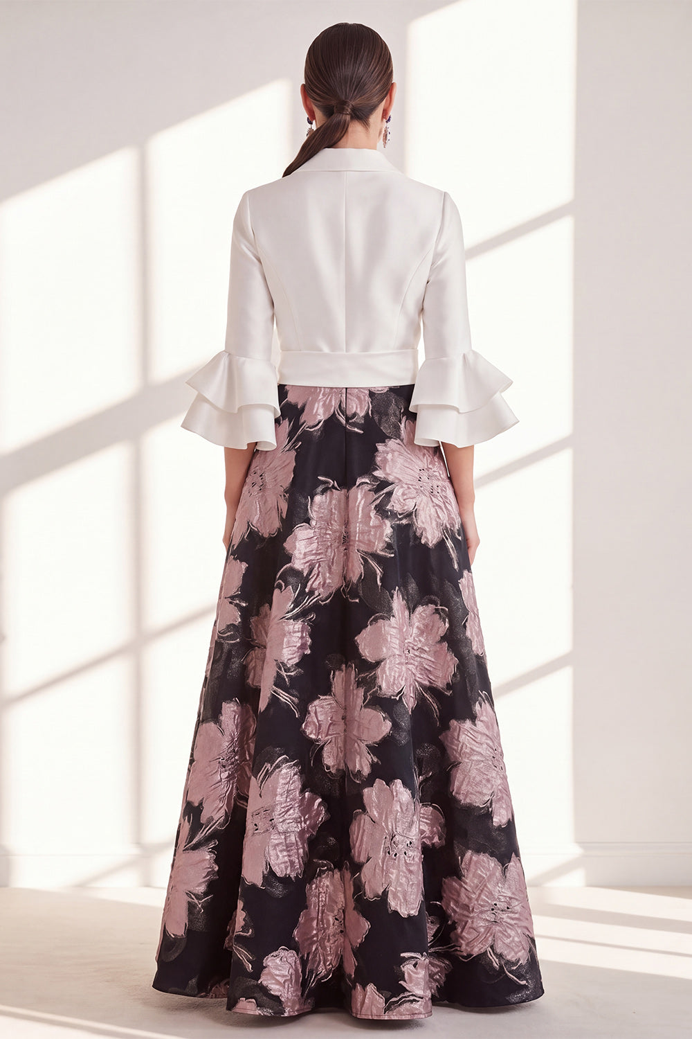 A-Line Fuchsia Flower V-Neck Ruffled Long Mother Of the Bride Dress