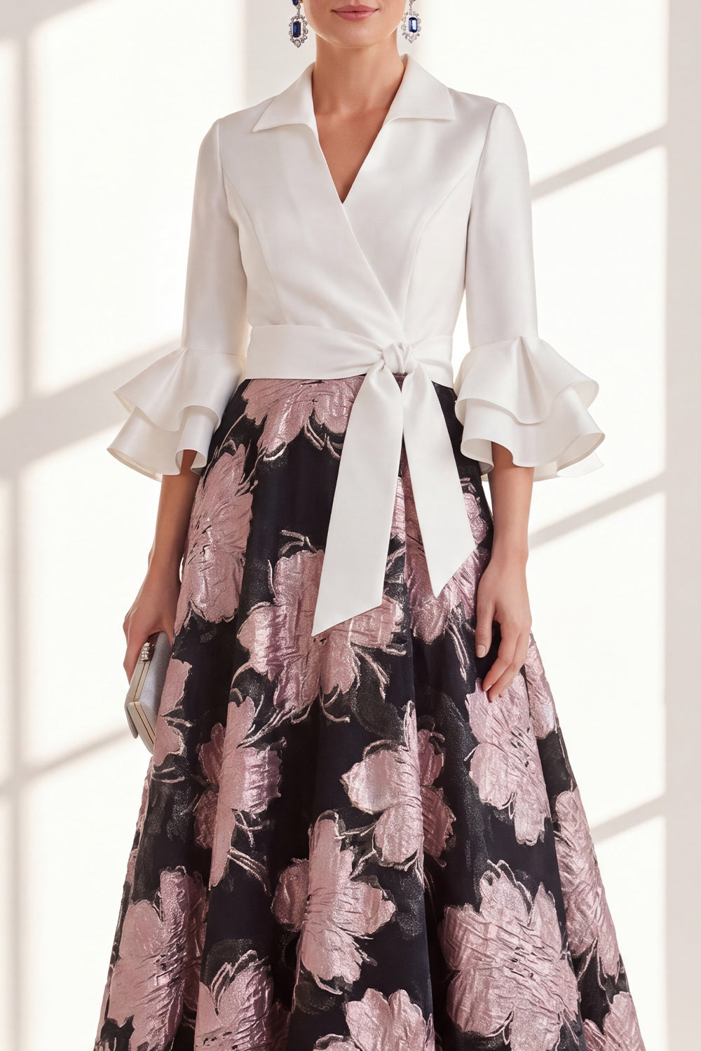 A-Line Fuchsia Flower V-Neck Ruffled Long Mother Of the Bride Dress