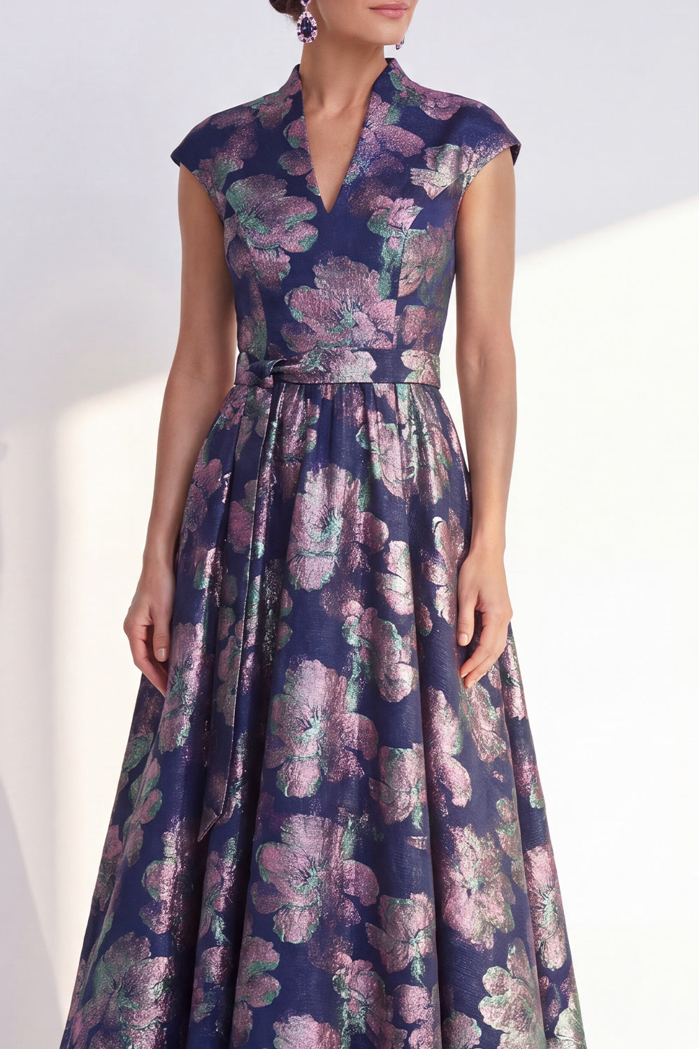 Navy A-Line Floral V-Neck Long Mother of the Bride Dress with Cap Sleeves