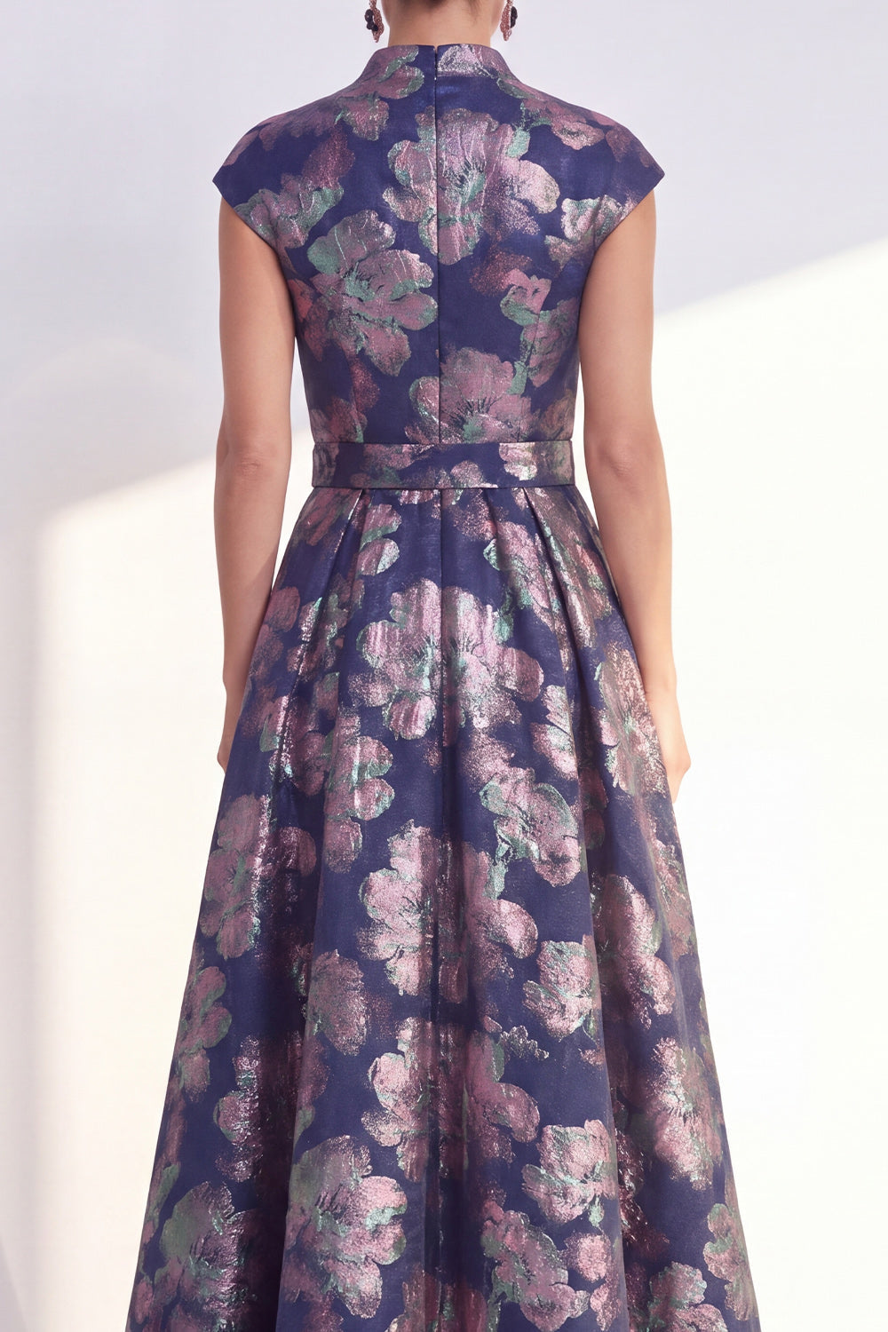 Navy A-Line Floral V-Neck Long Mother of the Bride Dress with Cap Sleeves