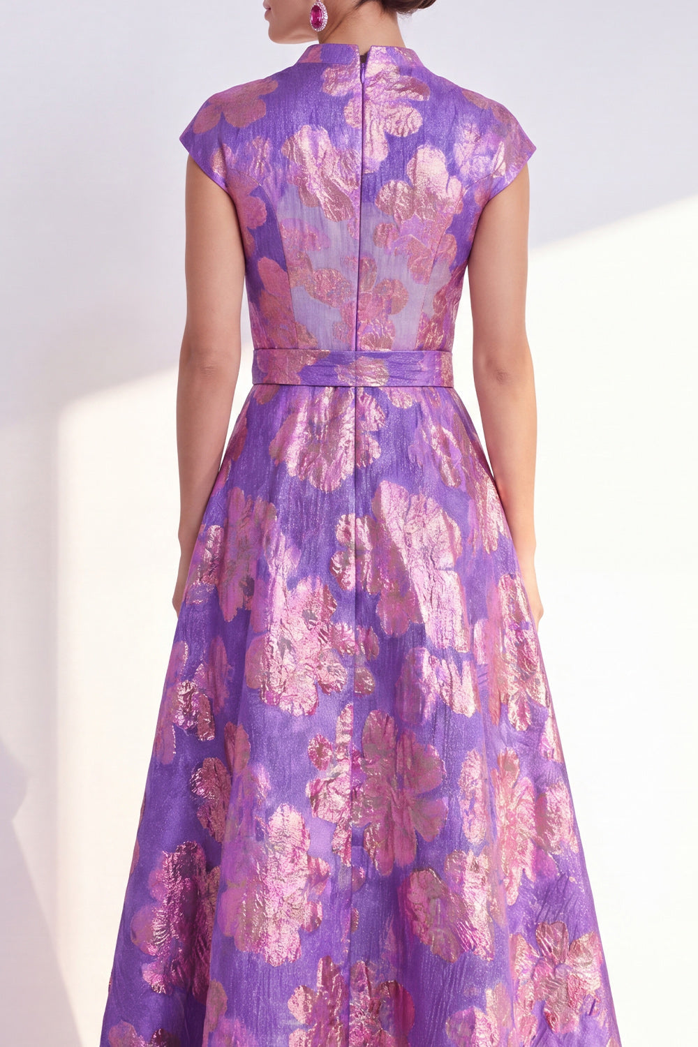 Navy A-Line Floral V-Neck Long Mother of the Bride Dress with Cap Sleeves