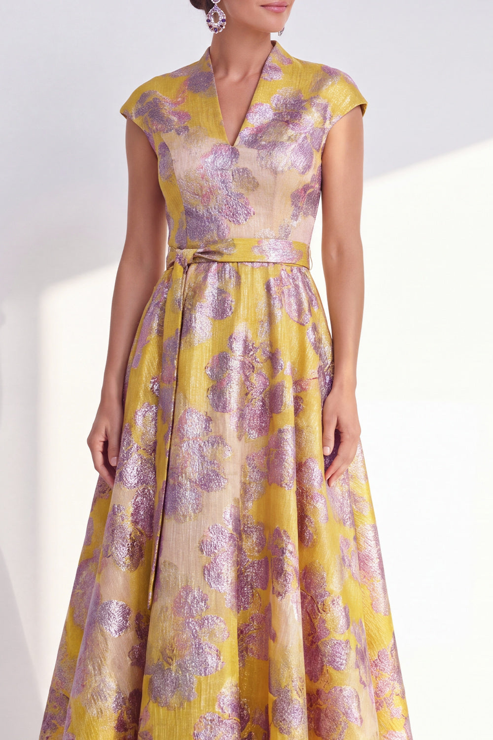 Navy A-Line Floral V-Neck Long Mother of the Bride Dress with Cap Sleeves