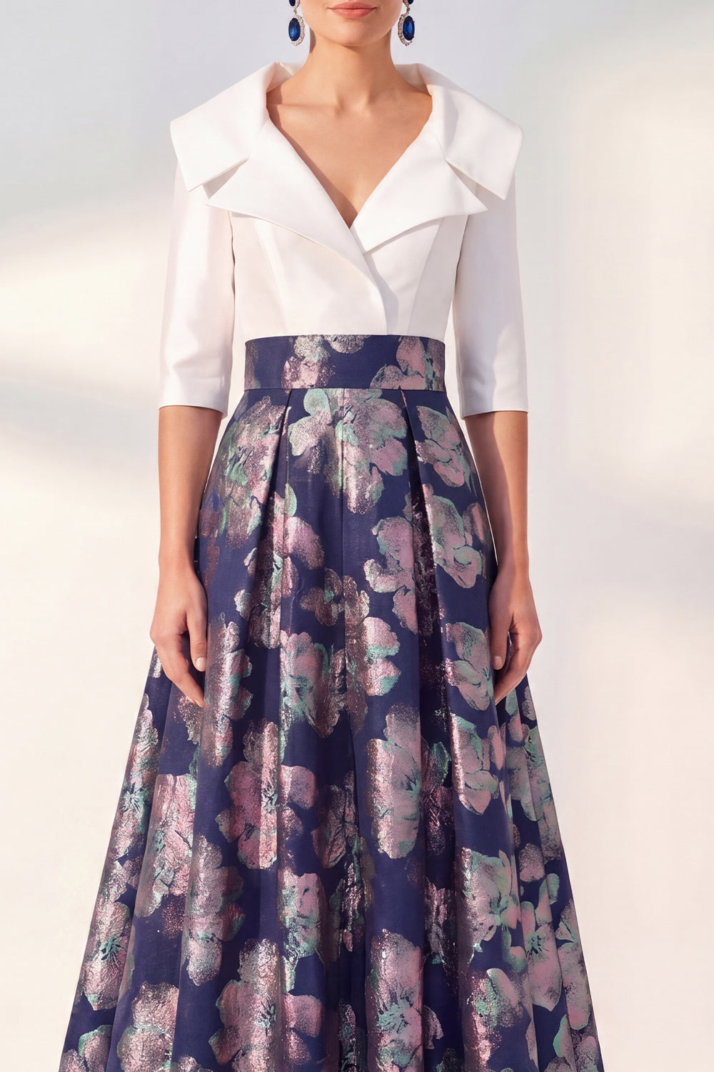 A-Line Navy Floral Long Mother of the Bride Dress with 3/4 Sleeves