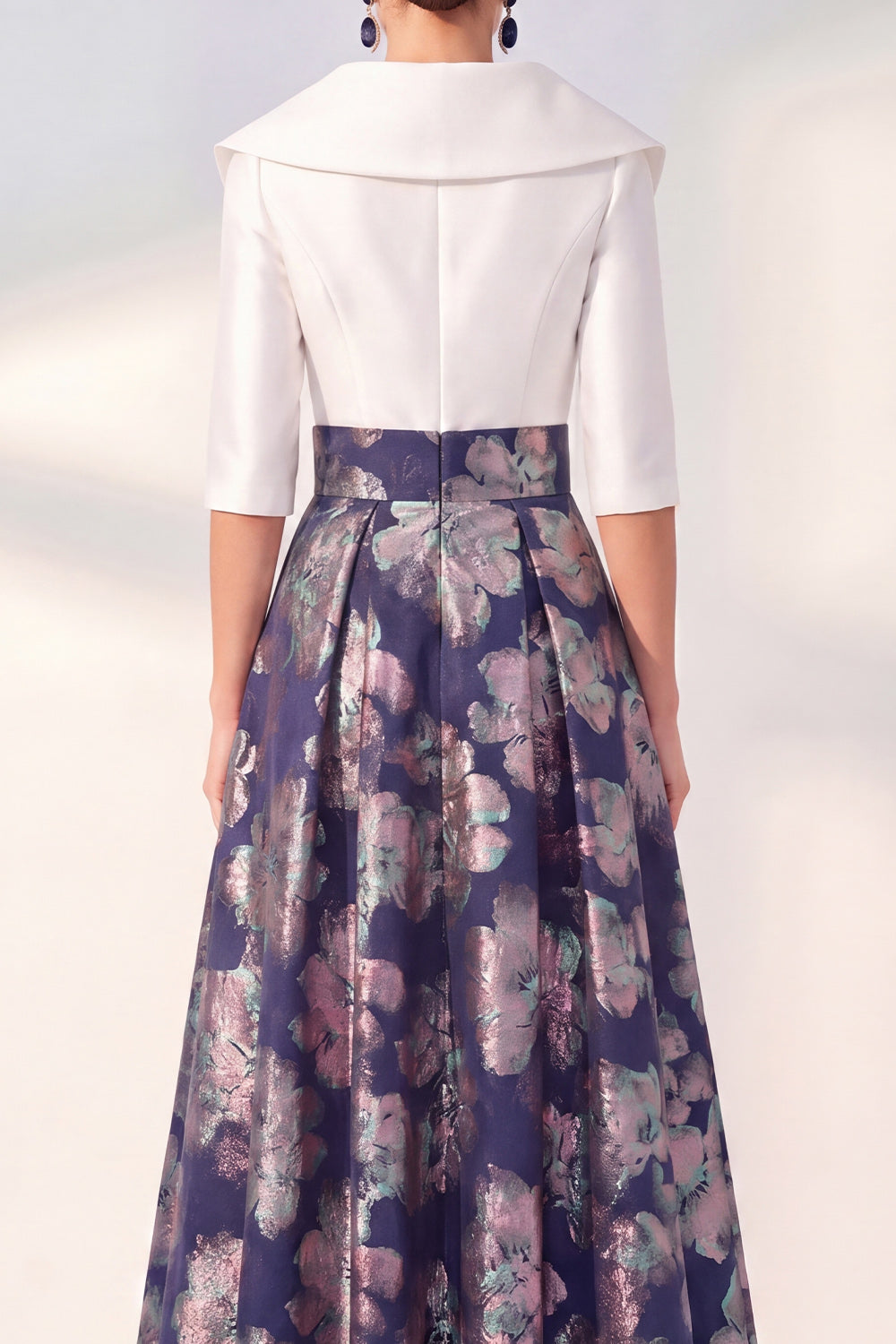 A-Line Navy Floral Long Mother of the Bride Dress with 3/4 Sleeves