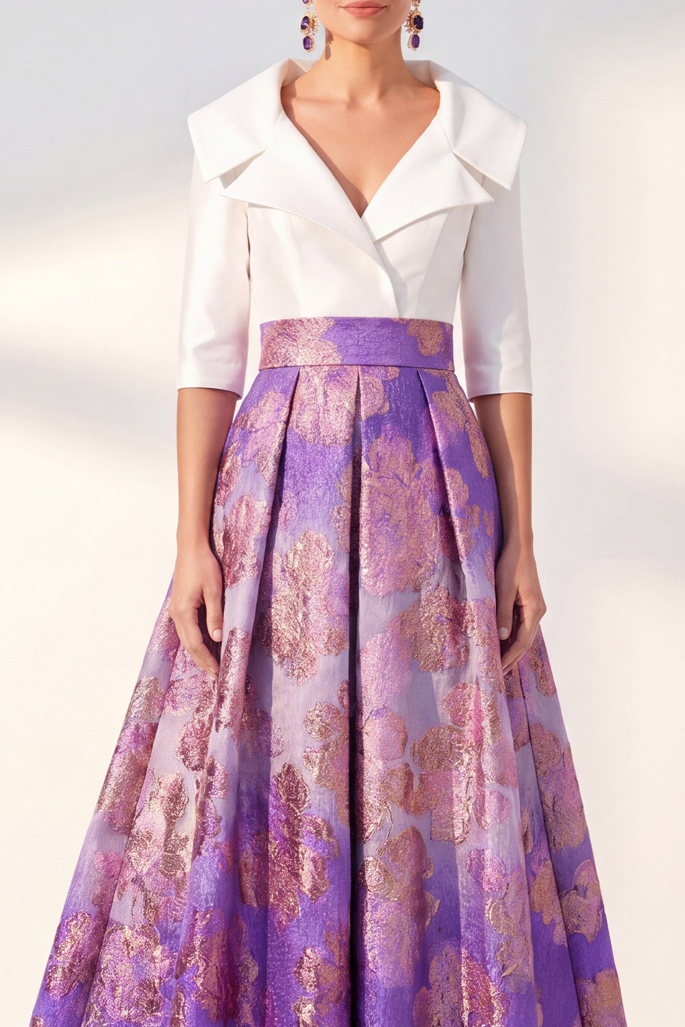 A-Line Navy Floral Long Mother of the Bride Dress with 3/4 Sleeves